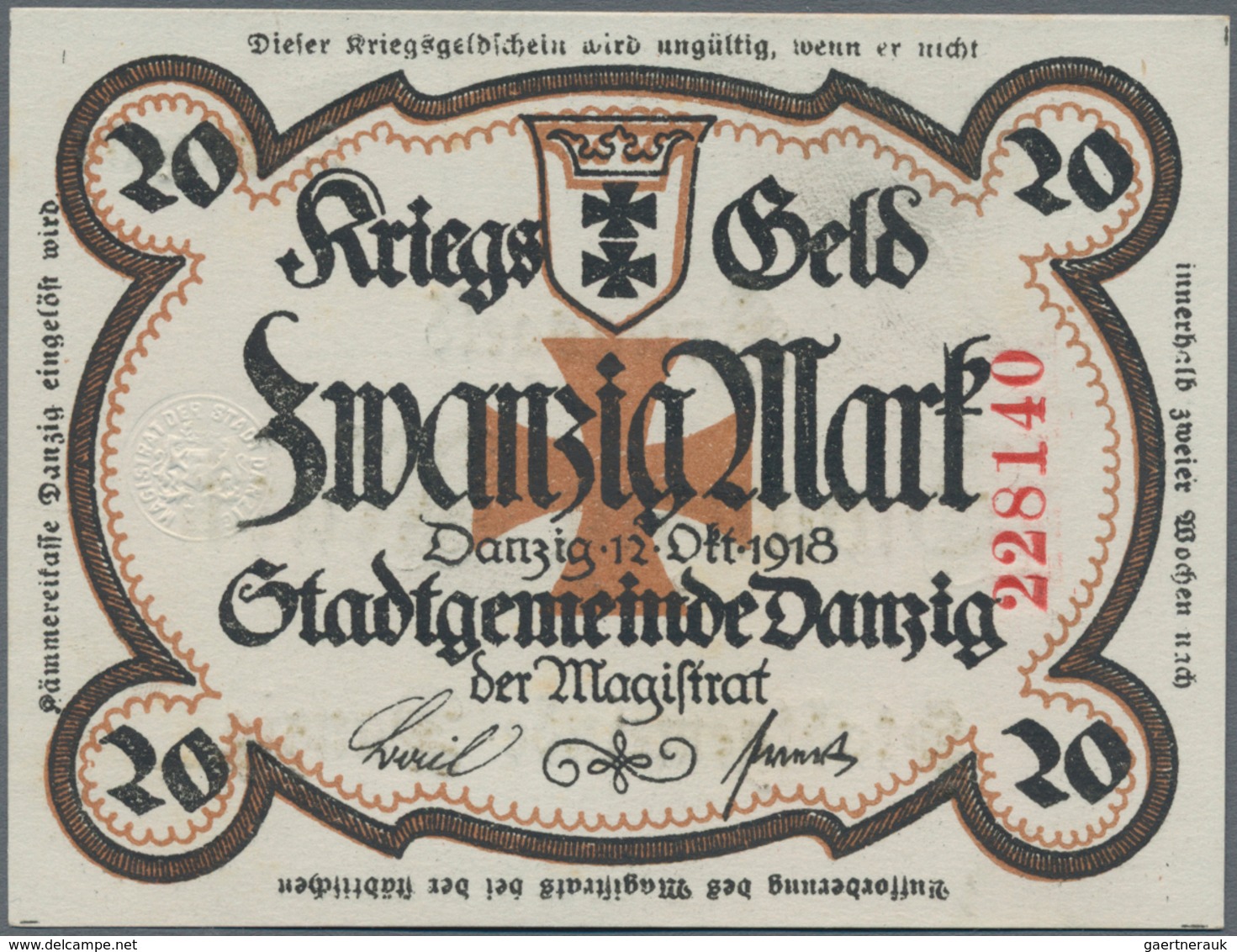 Deutschland - Nebengebiete Deutsches Reich: Danzig - Magistrat Der Stadt 20 Mark  1918 Mit Rückseiti - Otros & Sin Clasificación