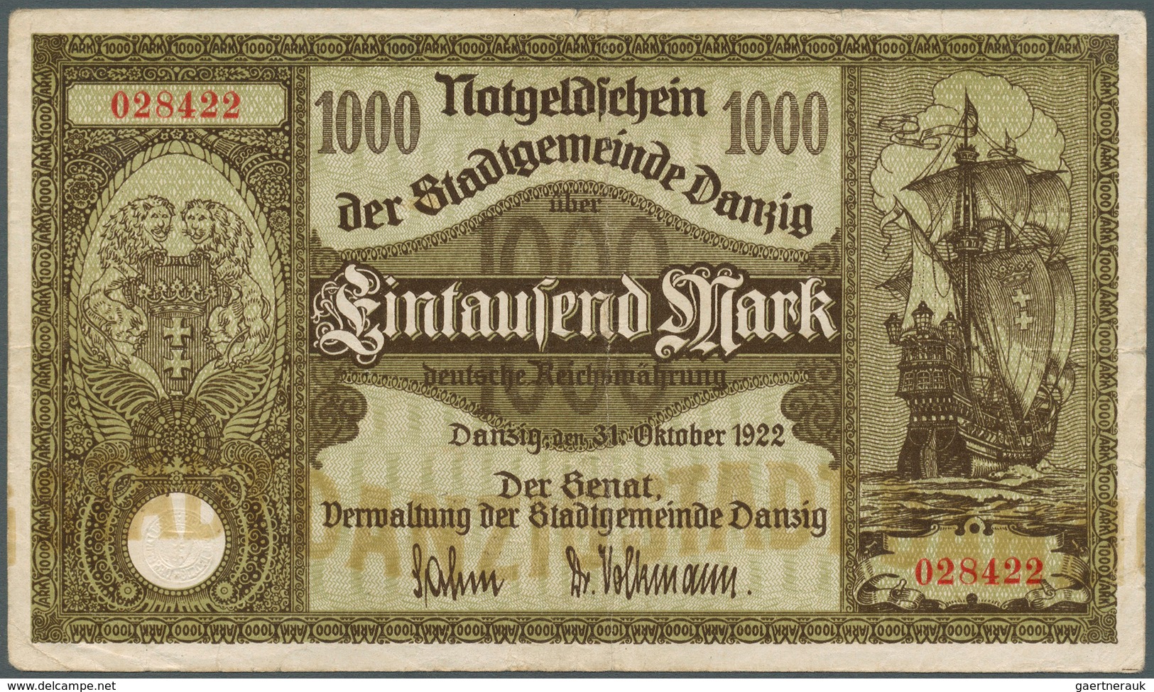 Deutschland - Nebengebiete Deutsches Reich: Danzig: 1000 Mark 1922, Ro.794, Winzige Einrisse Am Ober - Sonstige & Ohne Zuordnung