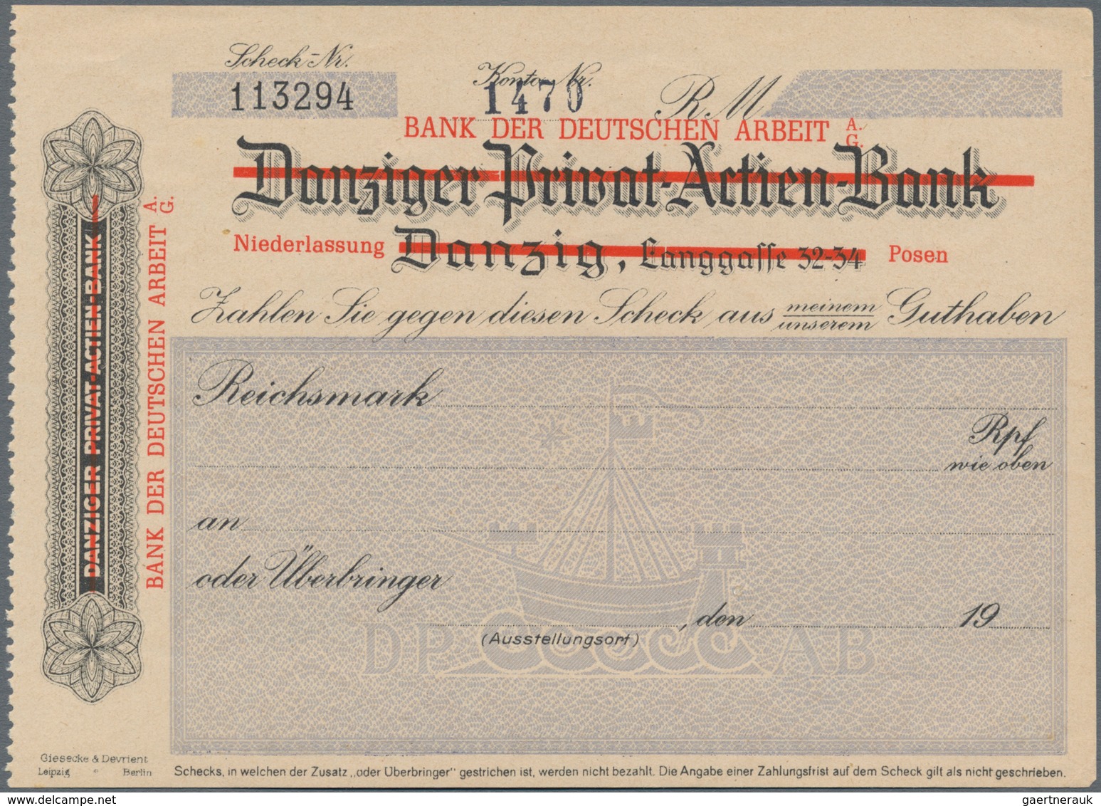 Deutschland - Nebengebiete Deutsches Reich: Danzig, Lot Von 3 Banknoten Und 2 Bankbelegen. Enthalten - Sonstige & Ohne Zuordnung