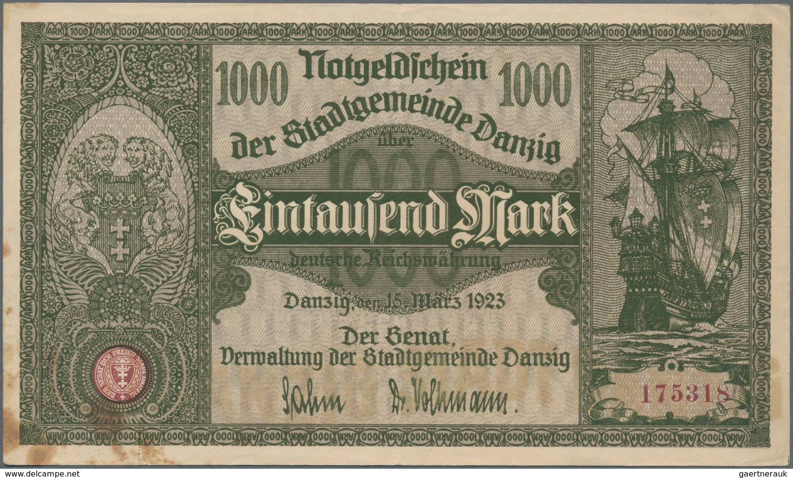 Deutschland - Nebengebiete Deutsches Reich: Danzig, Lot von 3 Banknoten und 2 Bankbelegen. Enthalten