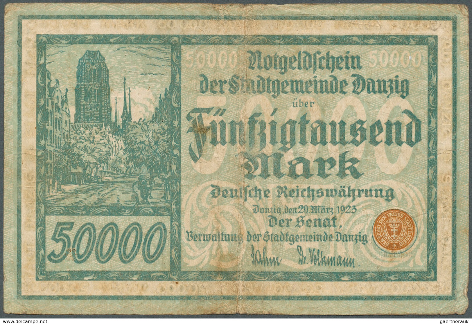 Deutschland - Nebengebiete Deutsches Reich: Danzig: 50.000 Mark 1923, Ro.797, Stärker Gebraucht, Ver - Altri & Non Classificati