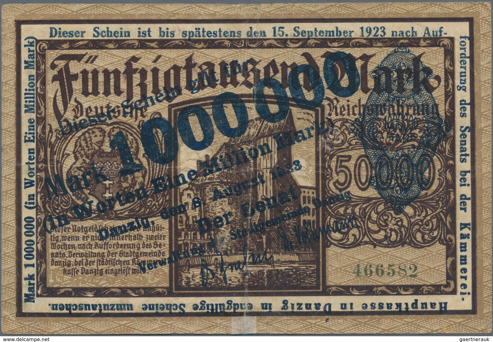 Deutschland - Nebengebiete Deutsches Reich: Danzig - Stadtgemeinde, 1 Million Mark, Blauer Überdruck - Otros & Sin Clasificación
