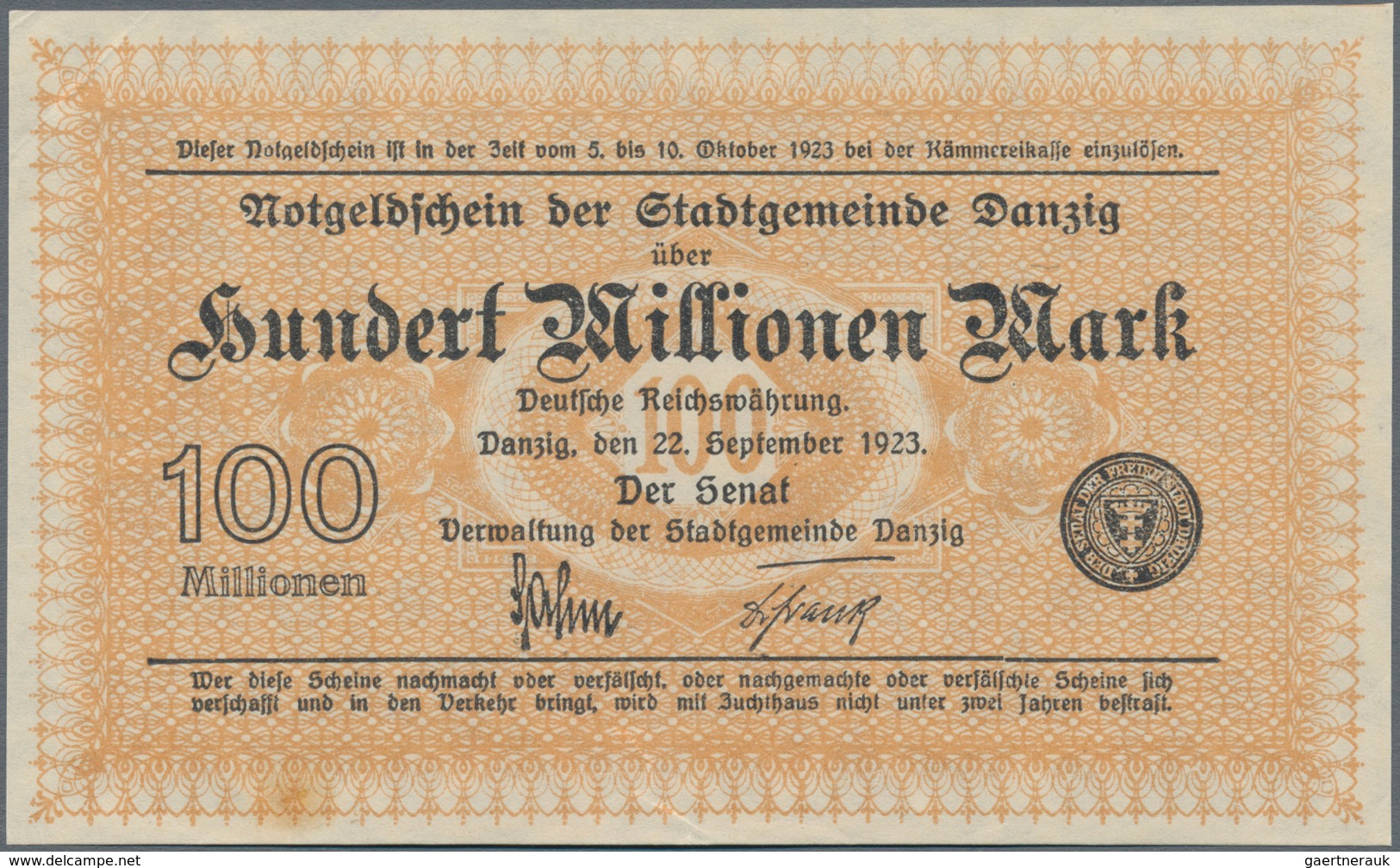 Deutschland - Nebengebiete Deutsches Reich: Danzig - Stadtgemeinde, 100 Millionen Mark 1923, Ro.806a - Otros & Sin Clasificación