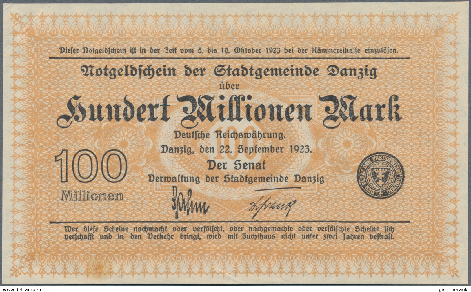 Deutschland - Nebengebiete Deutsches Reich: Danzig - Stadtgemeinde, 100 Millionen Mark 1923, Ro.806a - Sonstige & Ohne Zuordnung