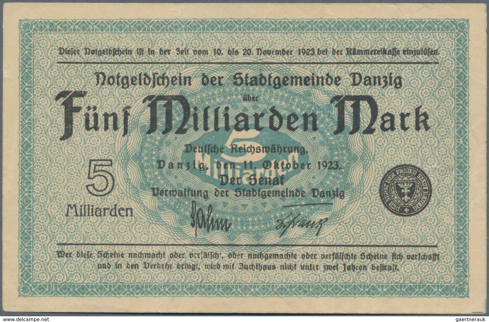 Deutschland - Nebengebiete Deutsches Reich: Danzig - Stadtgemeinde, 5 Milliarden Mark 1923, Ro.809a, - Otros & Sin Clasificación