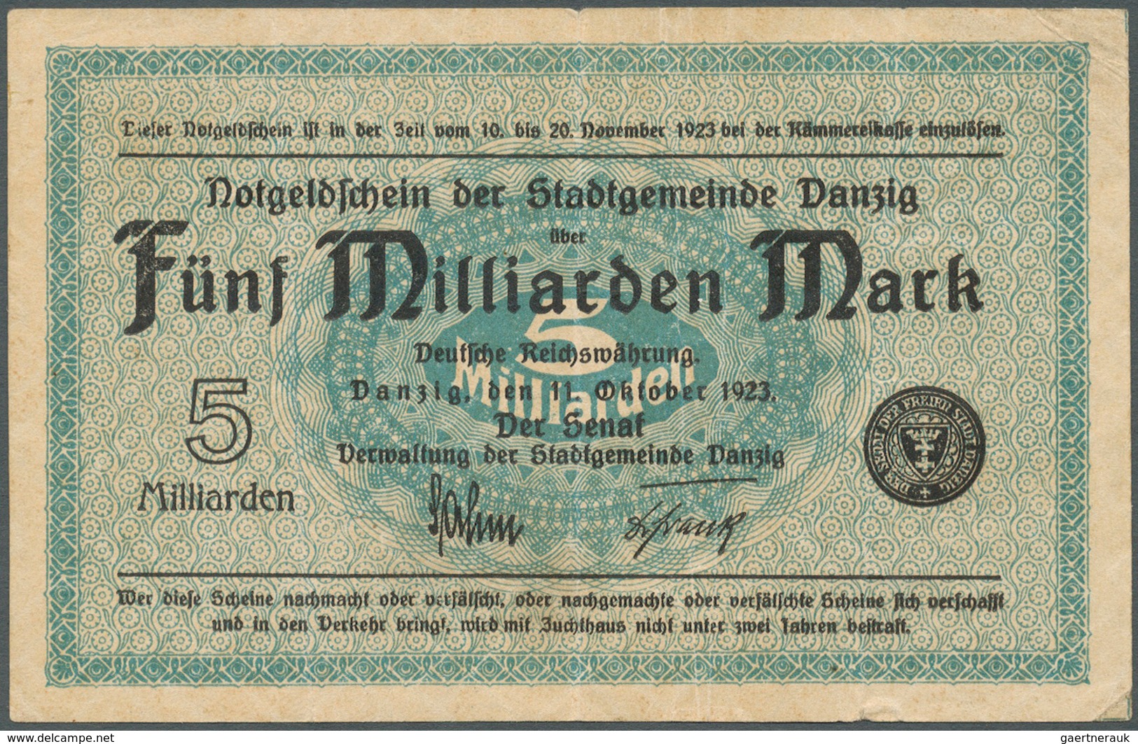 Deutschland - Nebengebiete Deutsches Reich: Danzig: 5 Milliarden Mark 1923, Ro.809a, Gebraucht Mit M - Otros & Sin Clasificación