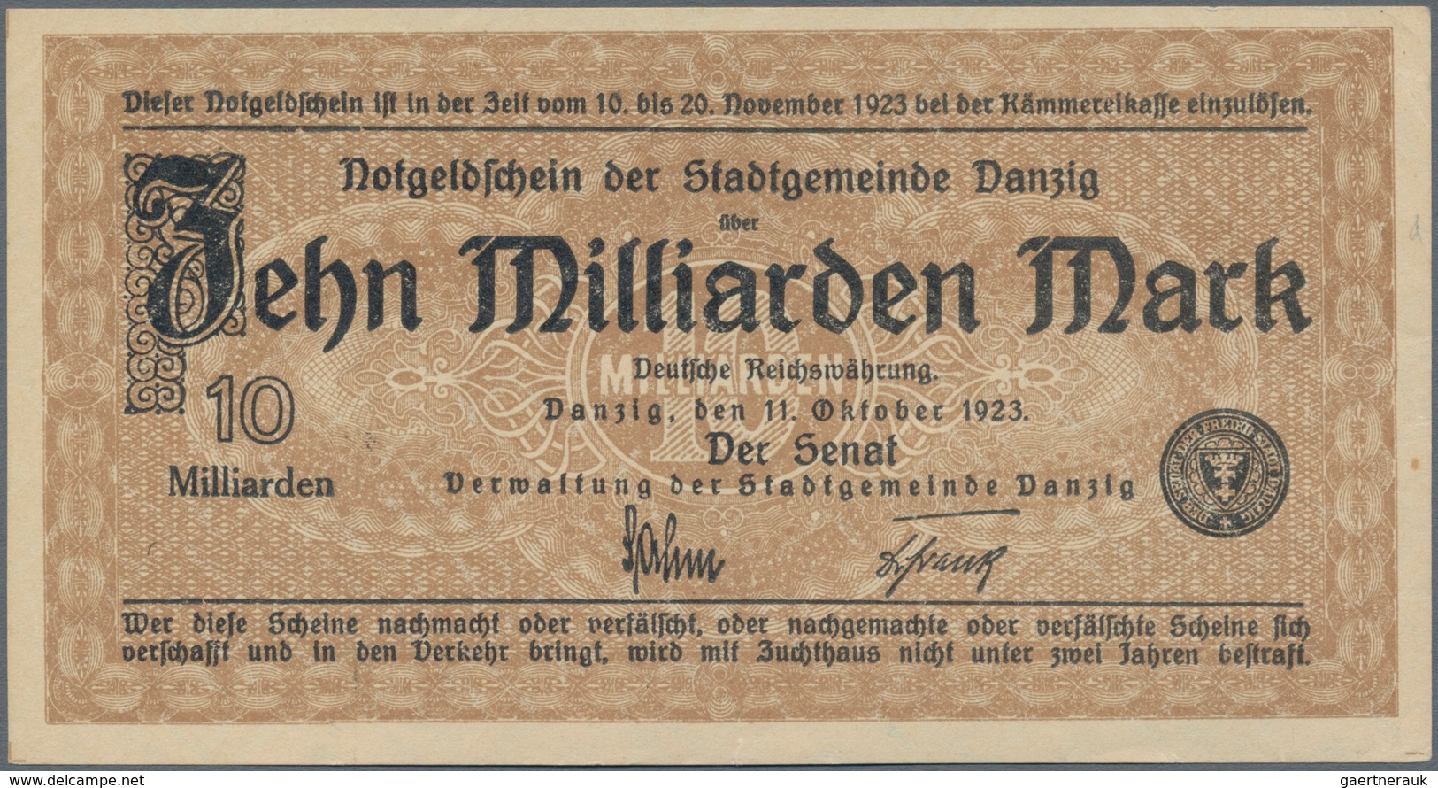 Deutschland - Nebengebiete Deutsches Reich: Danzig - Stadtgemeinde, 10 Milliarden Mark 1923, Ro.810a - Otros & Sin Clasificación