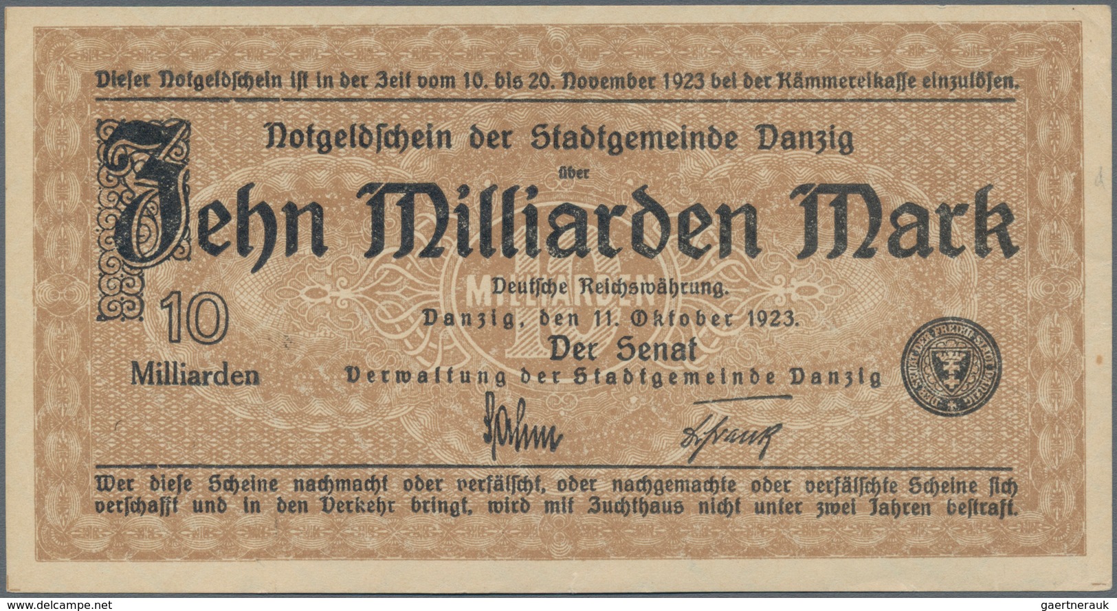 Deutschland - Nebengebiete Deutsches Reich: Danzig - Stadtgemeinde, 10 Milliarden Mark 1923, Ro.810a - Sonstige & Ohne Zuordnung