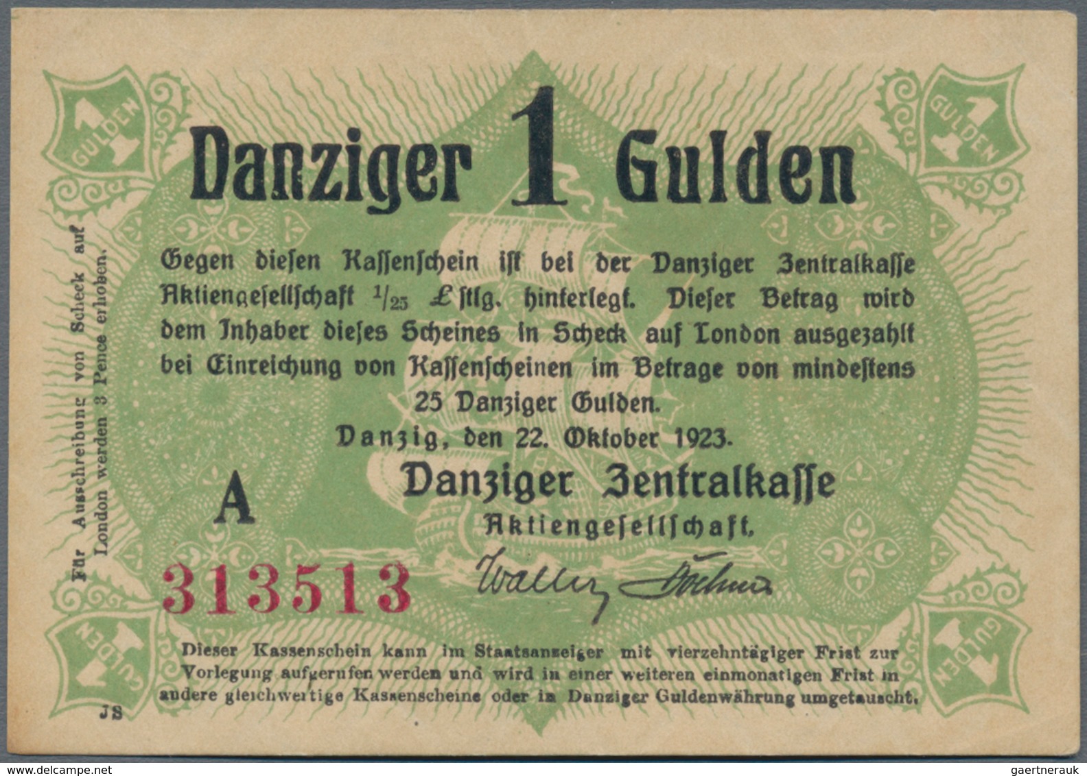 Deutschland - Nebengebiete Deutsches Reich: Danzig - Zentralkasse, 1 Gulden 1923, Ro.817, Kleiner Ec - Sonstige & Ohne Zuordnung