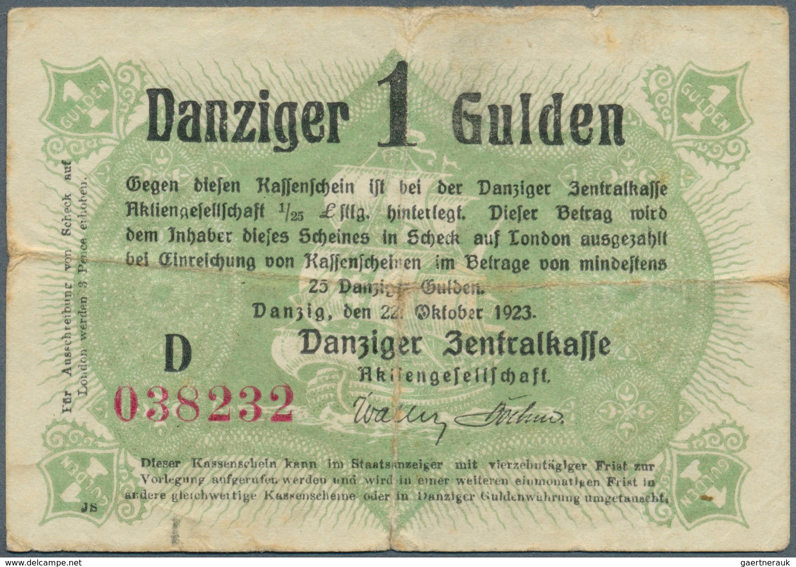 Deutschland - Nebengebiete Deutsches Reich: Danzig: 1 Gulden 1923, Ro.817, Stärker Gebraucht Mit Kle - Otros & Sin Clasificación