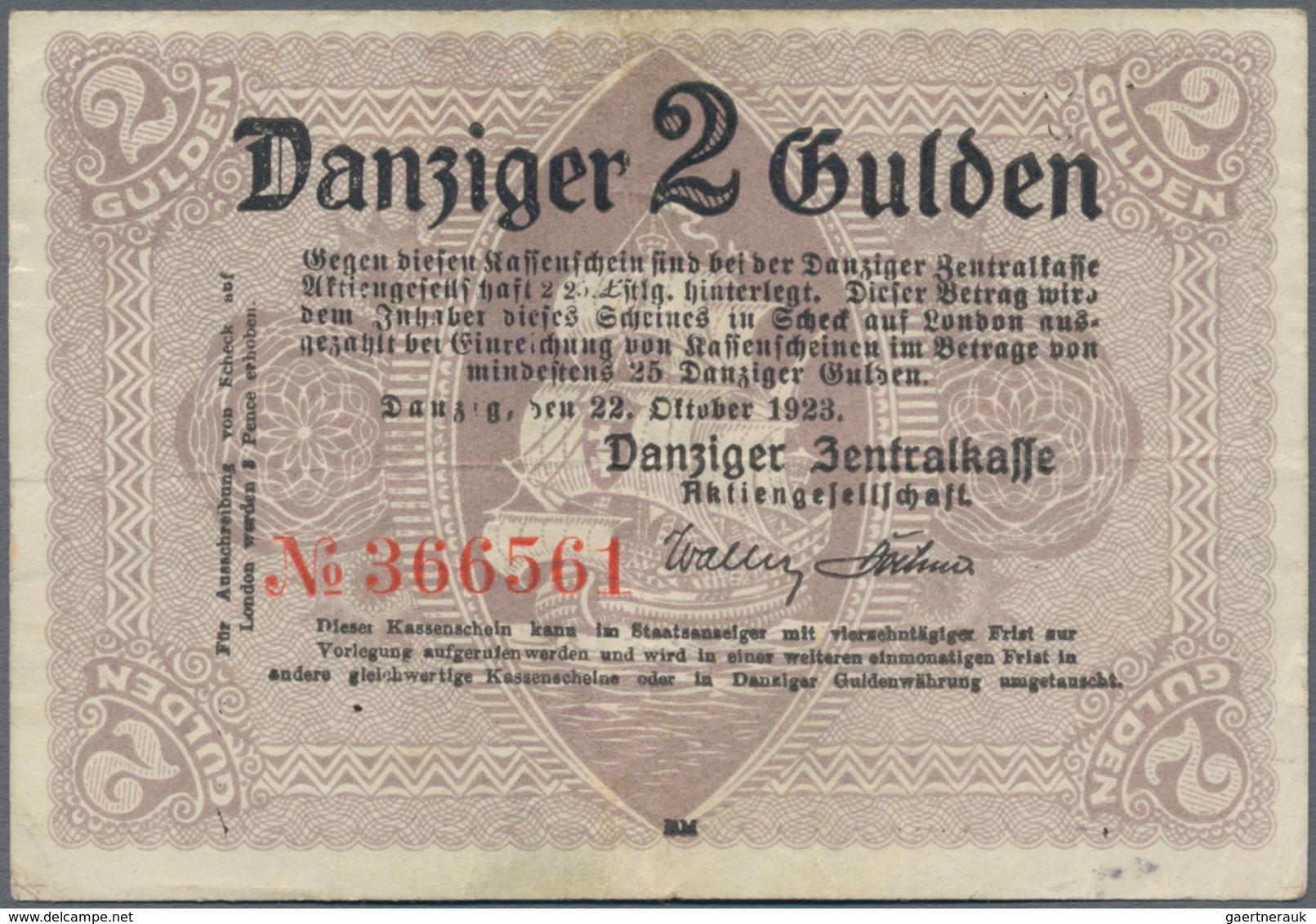 Deutschland - Nebengebiete Deutsches Reich: Danzig - Zentralkasse, 2 Gulden 1923, Ro.818b, Saubere U - Sonstige & Ohne Zuordnung