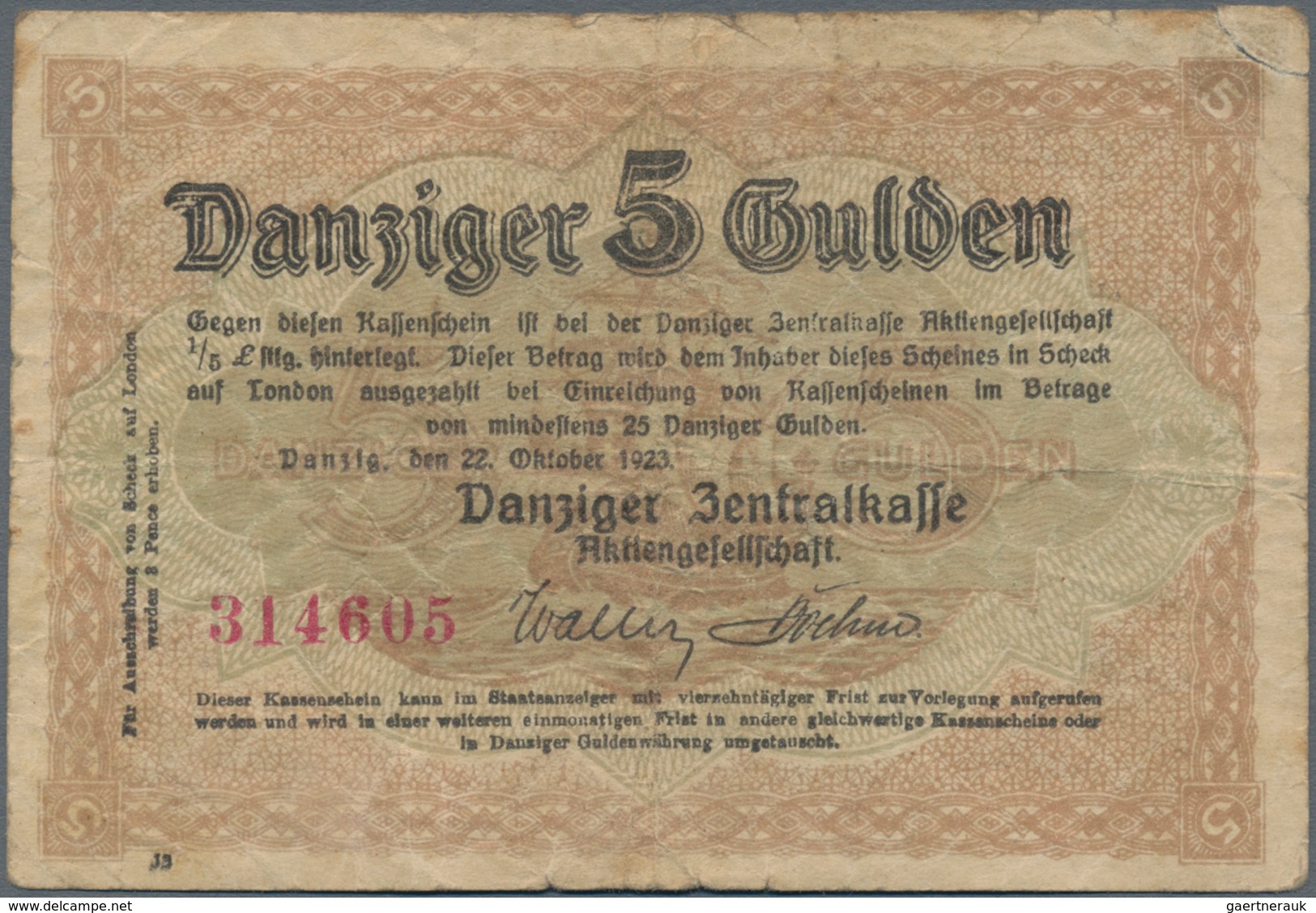 Deutschland - Nebengebiete Deutsches Reich: Danzig - Zentralkasse, 5 Gulden 1923, Ro.819, Stärker Ge - Altri & Non Classificati