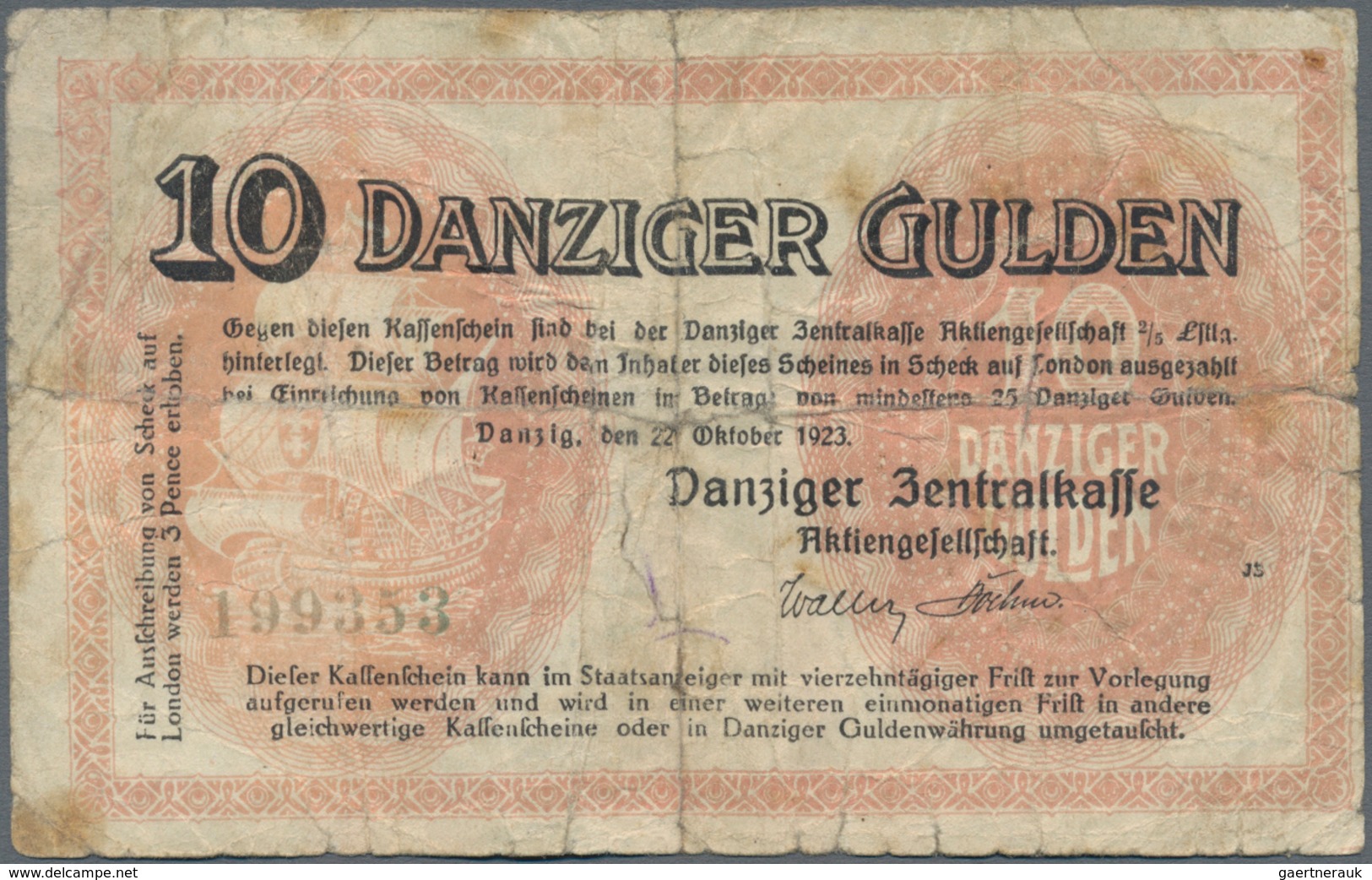 Deutschland - Nebengebiete Deutsches Reich: Danzig - Zentralkasse, 10 Gulden 1923, Ro.820, Stark Geb - Otros & Sin Clasificación