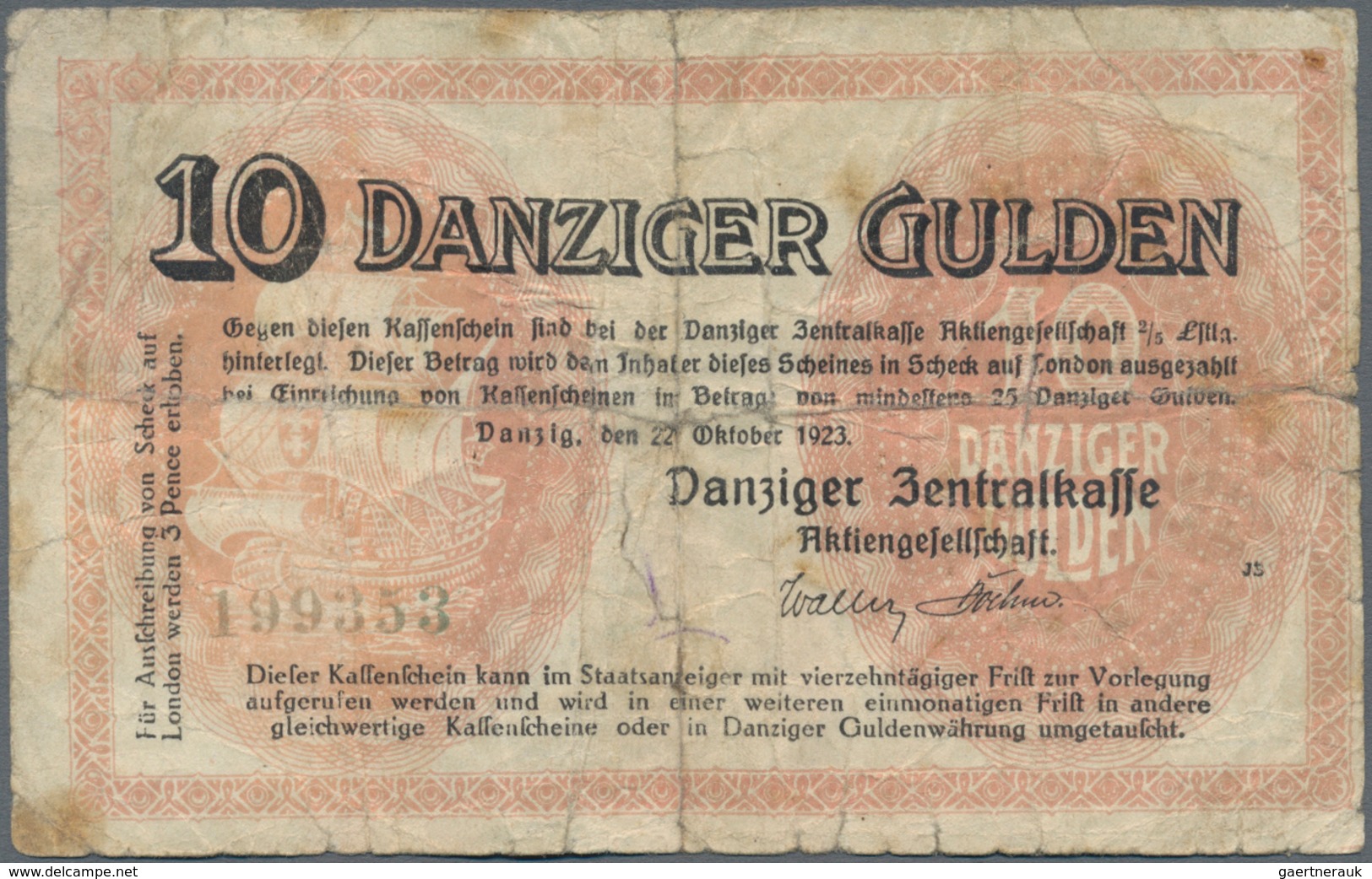 Deutschland - Nebengebiete Deutsches Reich: Danzig - Zentralkasse, 10 Gulden 1923, Ro.820, Stark Geb - Sonstige & Ohne Zuordnung