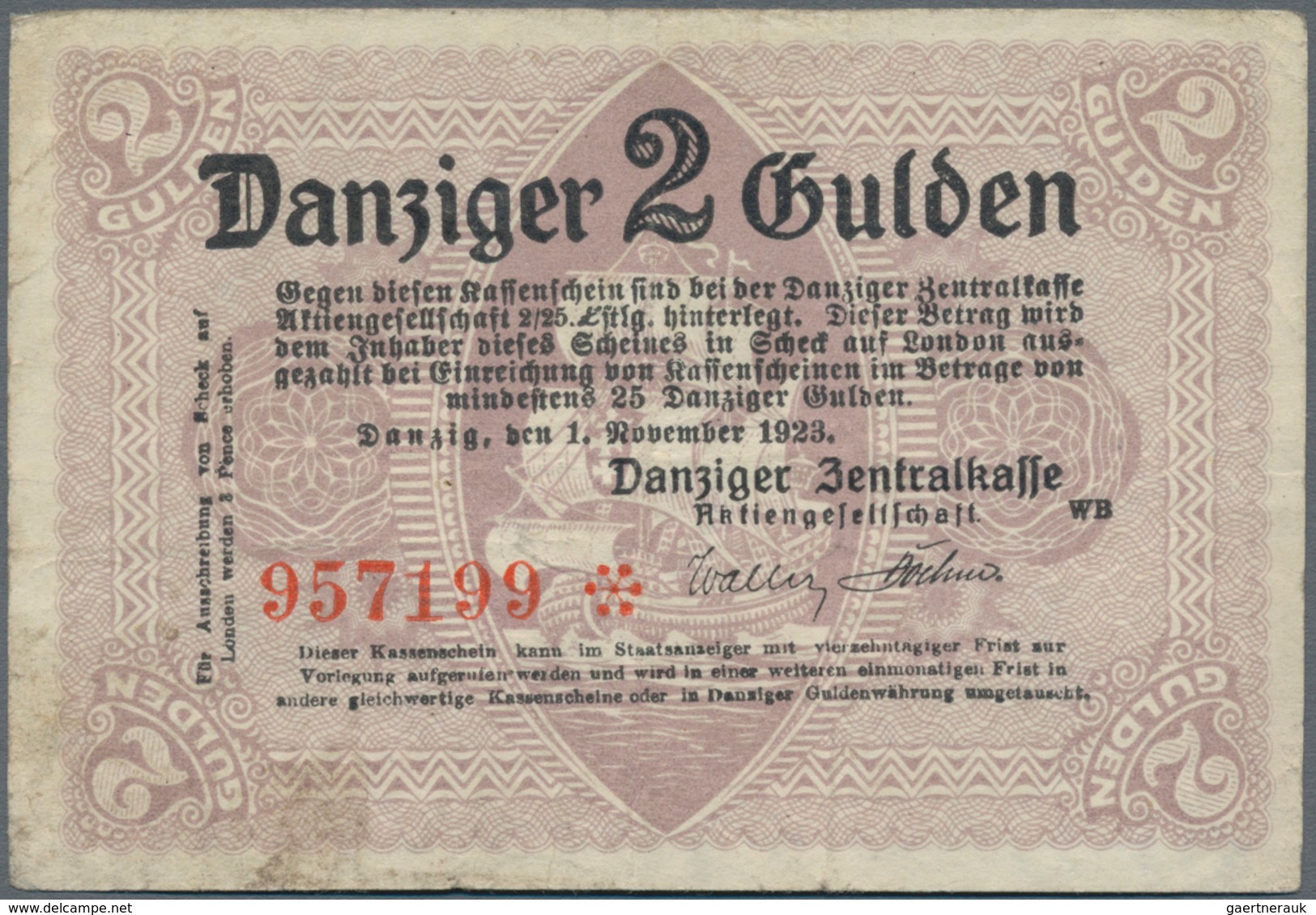 Deutschland - Nebengebiete Deutsches Reich: Danzig - Zentralkasse, 2 Gulden 1923, Ro.829, Stärker Ge - Otros & Sin Clasificación