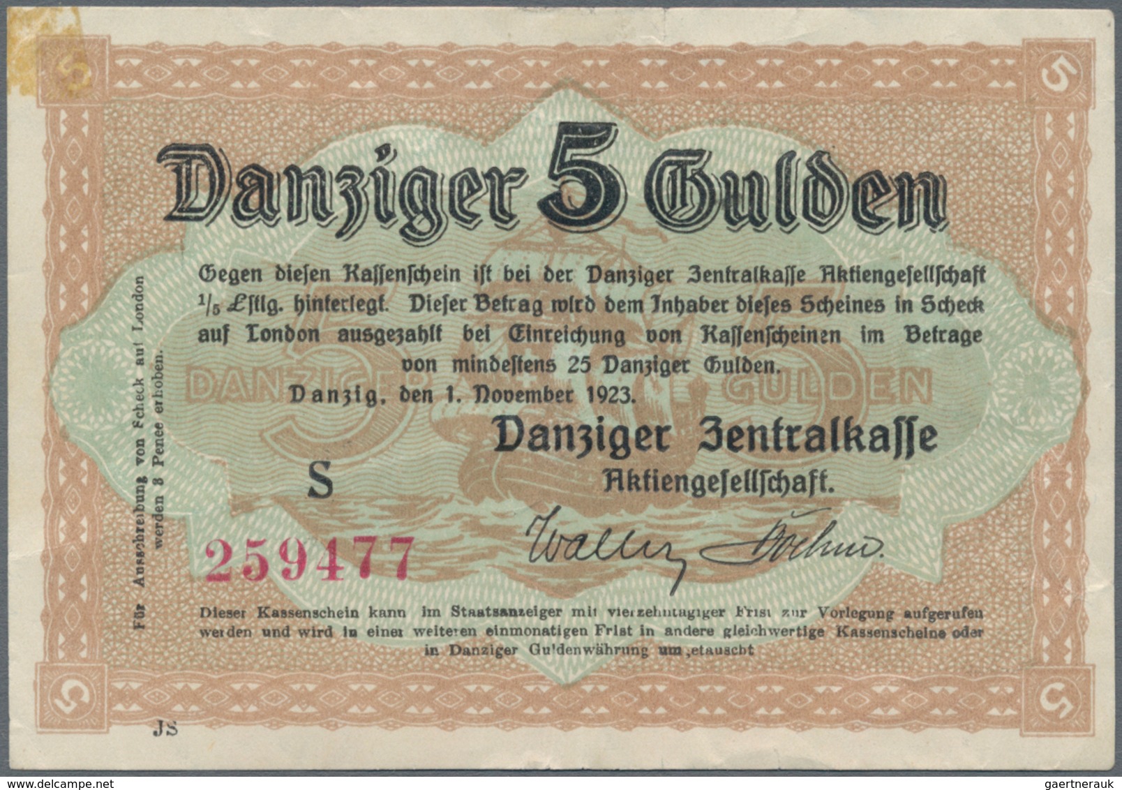 Deutschland - Nebengebiete Deutsches Reich: Danzig - Zentralkasse, 5 Gulden 1923, Ro.830, Klebereste - Sonstige & Ohne Zuordnung