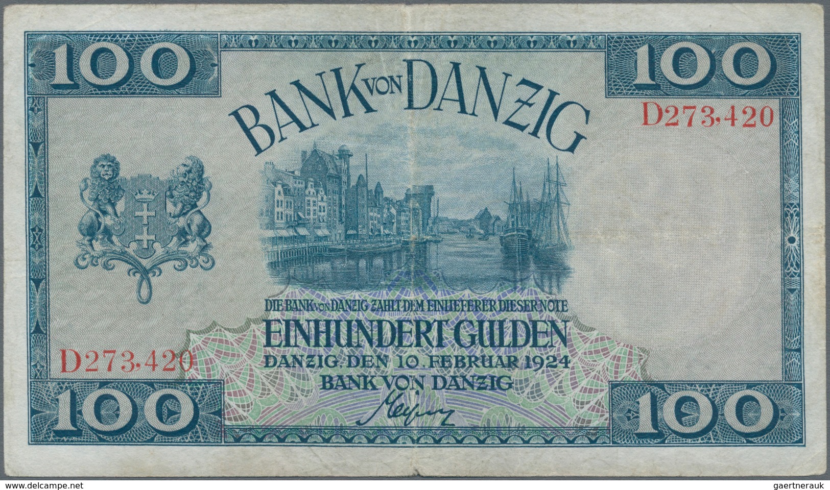 Deutschland - Nebengebiete Deutsches Reich: Danzig - Bank Von Danzig, 100 Gulden 10.02.1924, Ro.835, - Sonstige & Ohne Zuordnung