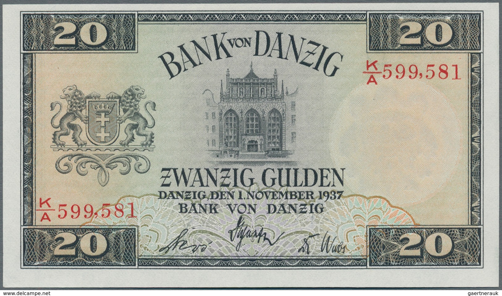 Deutschland - Nebengebiete Deutsches Reich: Bank Von Danzig 20 Gulden 1937, Ro.844b In Perfekt Kasse - Otros & Sin Clasificación