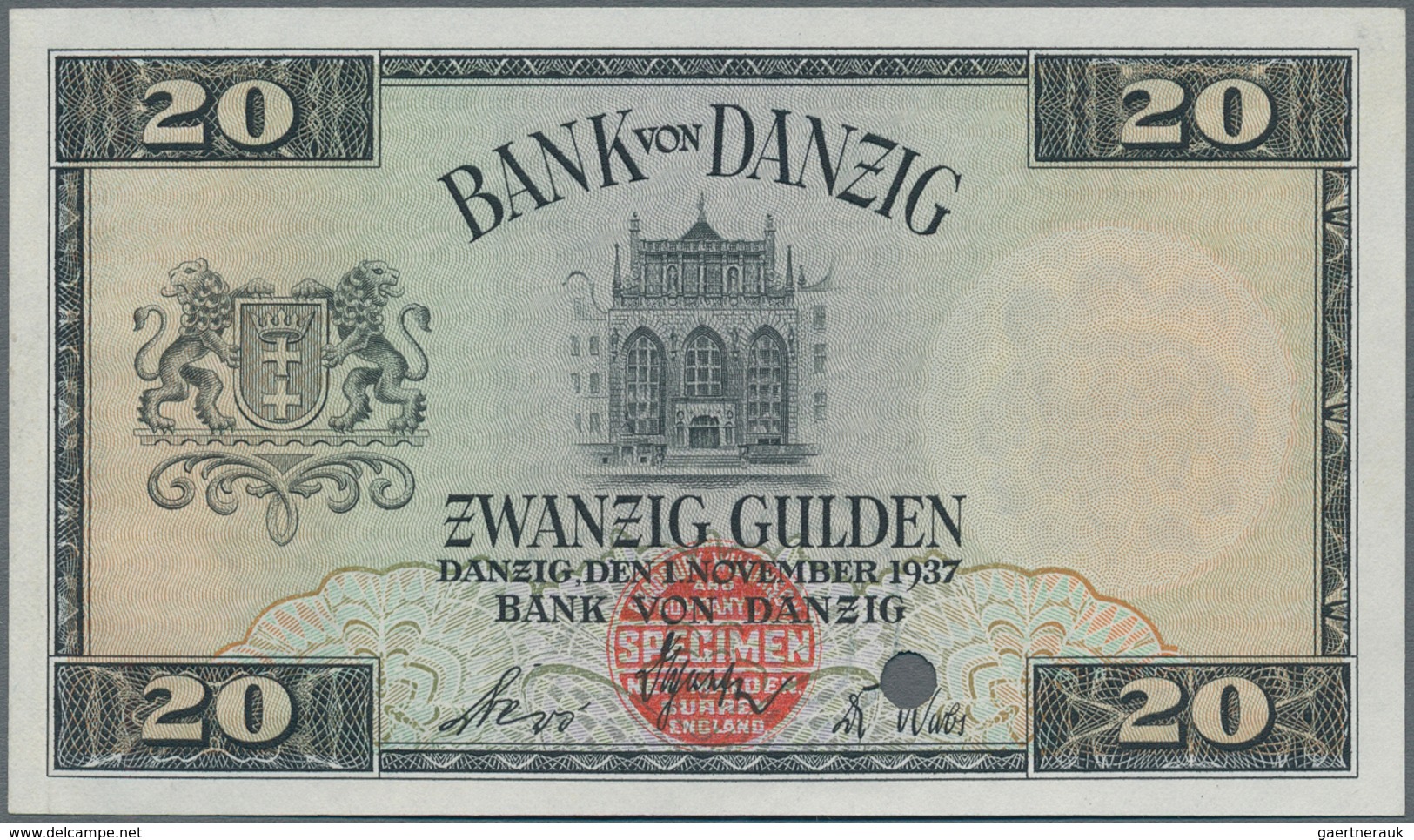 Deutschland - Nebengebiete Deutsches Reich: Bank Von Danzig 20 Gulden 1937 Muster, Ro.844M Mit Rotem - Otros & Sin Clasificación
