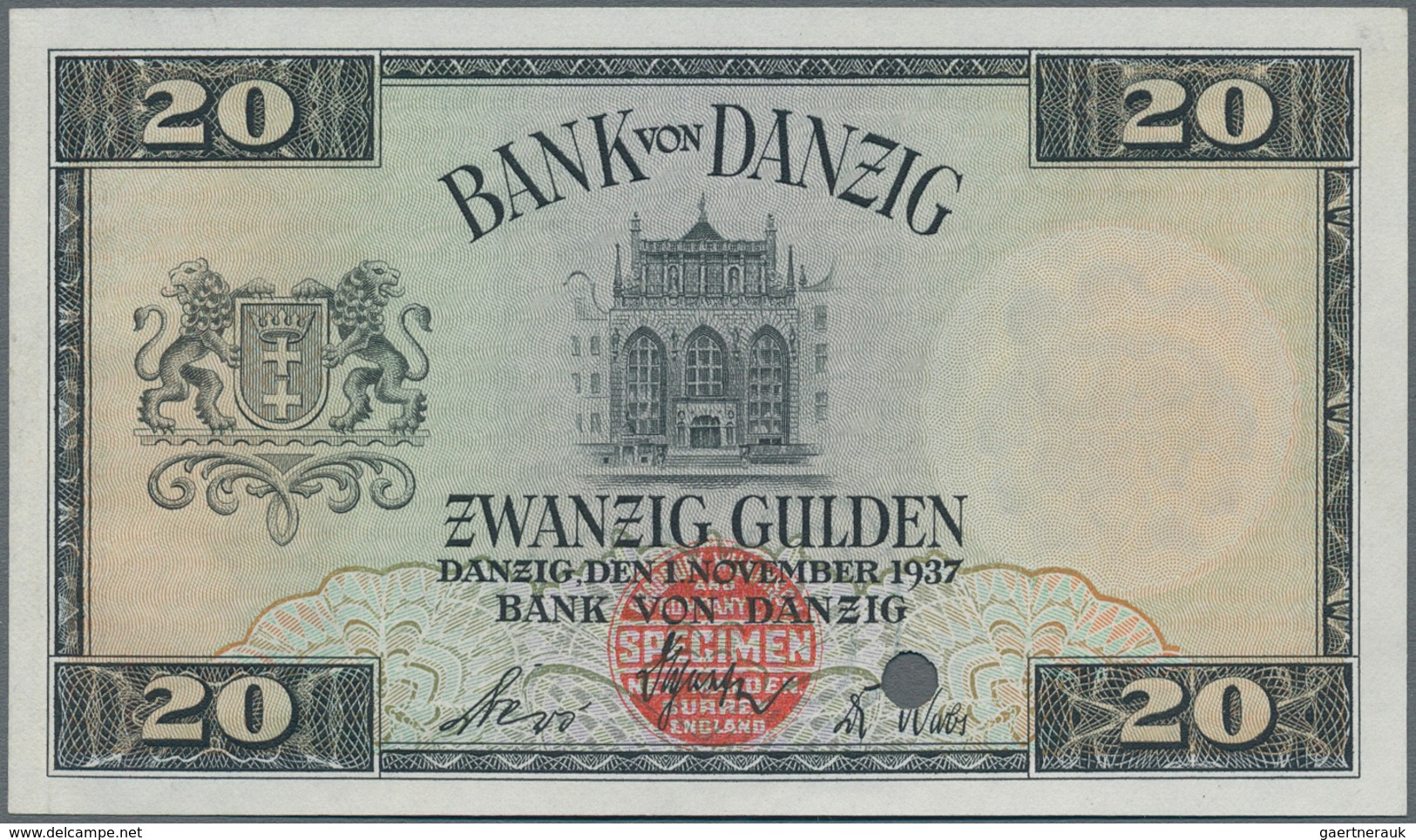 Deutschland - Nebengebiete Deutsches Reich: Bank Von Danzig 20 Gulden 1937 Muster, Ro.844M Mit Rotem - Altri & Non Classificati