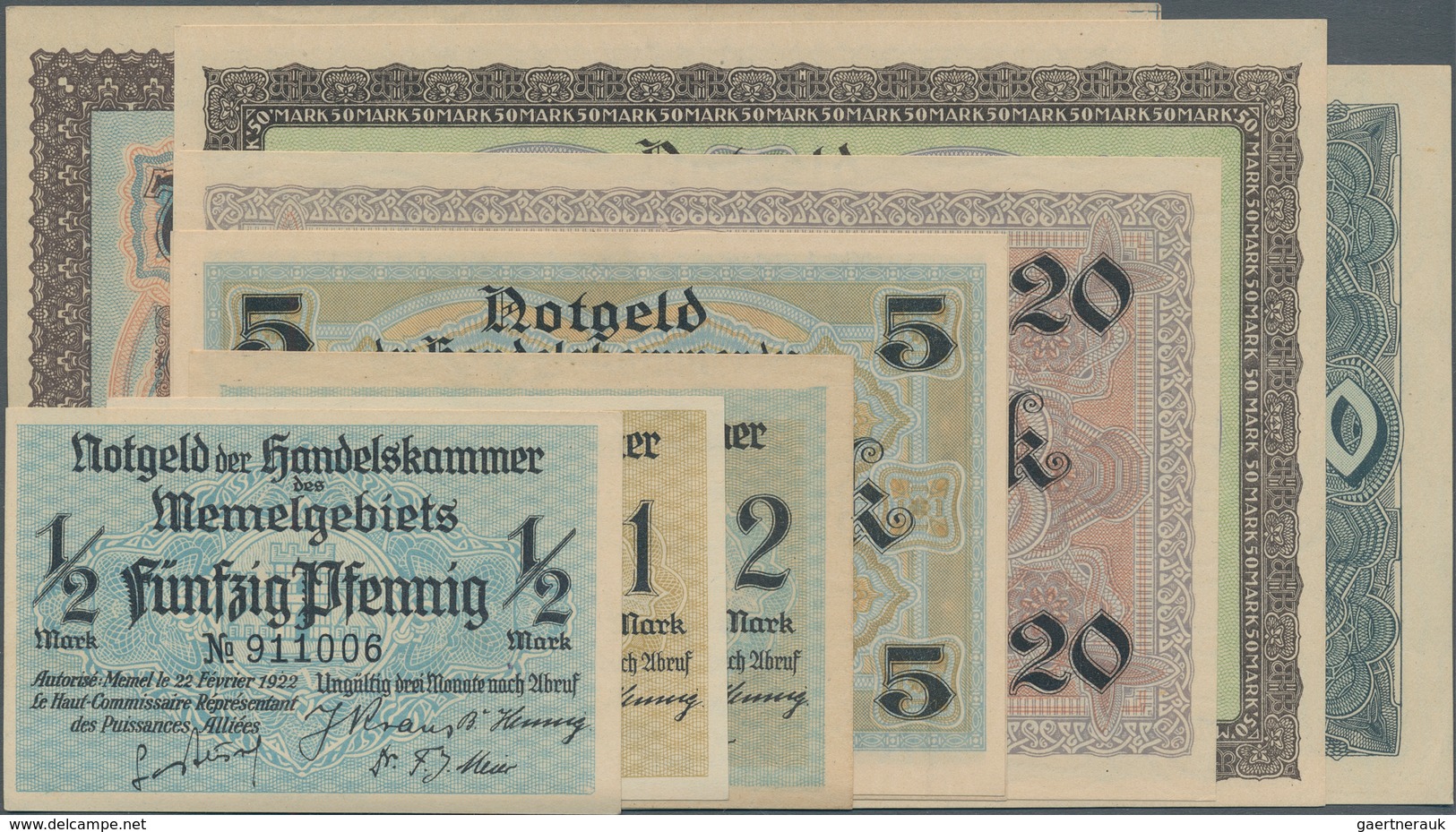 Deutschland - Nebengebiete Deutsches Reich: Memel, Satz Von 1/2 Mark Bis 100 Mark 1922, Ro.846-854 I - Sonstige & Ohne Zuordnung