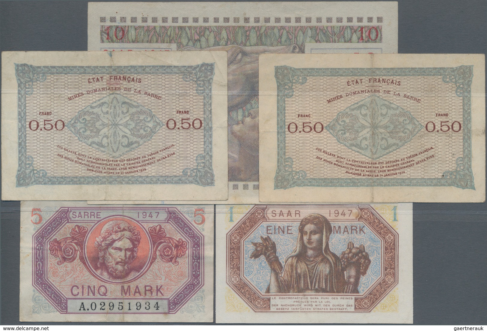 Deutschland - Nebengebiete Deutsches Reich: Saargebiet Und Saarland, Lot Von 5 Banknoten 50 Centimes - Otros & Sin Clasificación