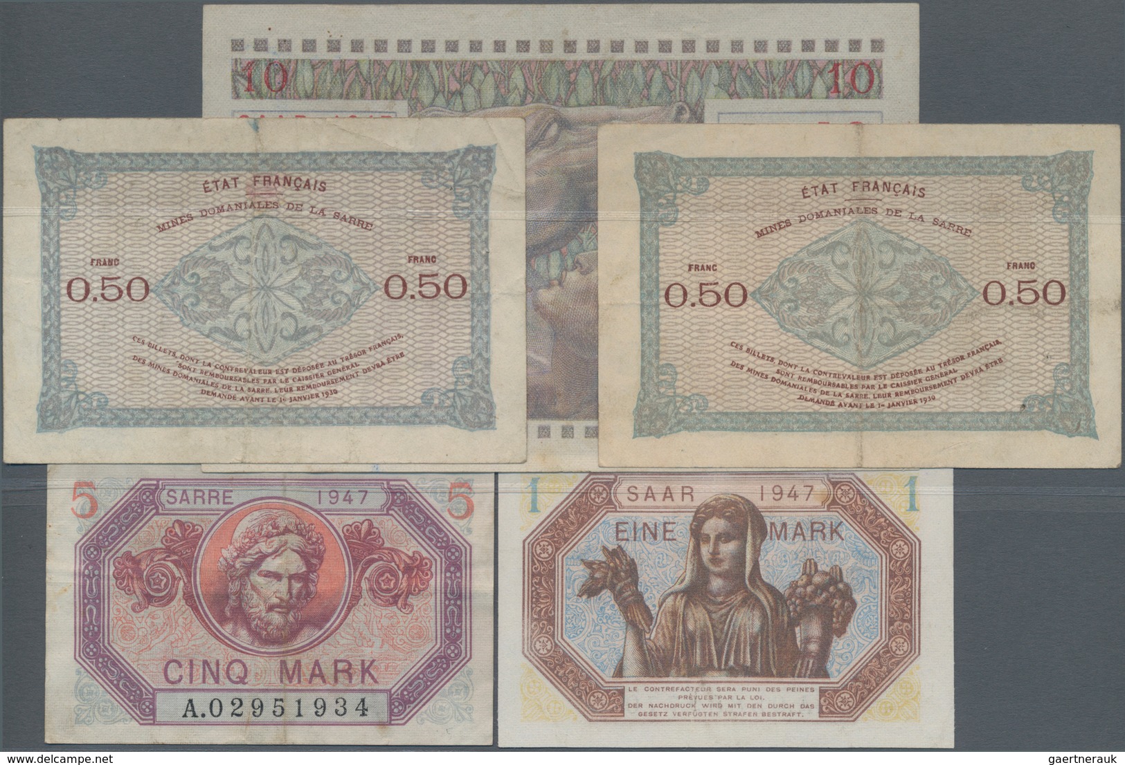 Deutschland - Nebengebiete Deutsches Reich: Saargebiet Und Saarland, Lot Von 5 Banknoten 50 Centimes - Sonstige & Ohne Zuordnung