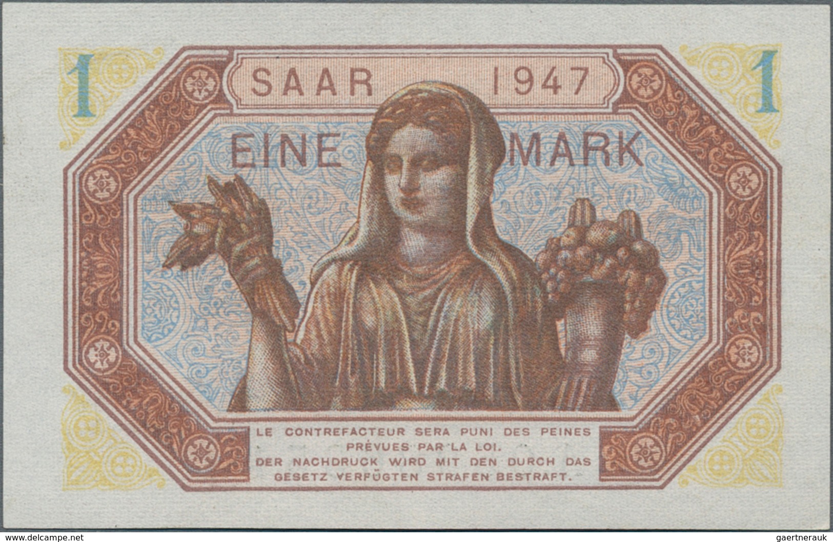 Deutschland - Nebengebiete Deutsches Reich: Saar 1 Mark 1947, Ro.867, Sehr Schöne Farbfrische Note M - Sonstige & Ohne Zuordnung