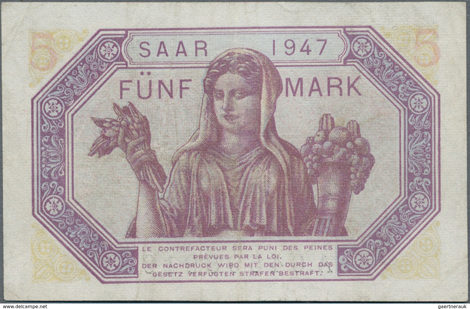 Deutschland - Nebengebiete Deutsches Reich: Saar 5 Mark 1947, Ro.869, Sehr Schöne Farbfrische Note M - Sonstige & Ohne Zuordnung