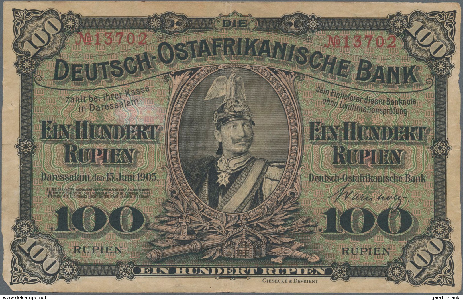 Deutschland - Kolonien: Deutsch-Ostafrika, Lot mit 7 Banknoten, dabei 100 Rupien 1905 (F), 5 und 10