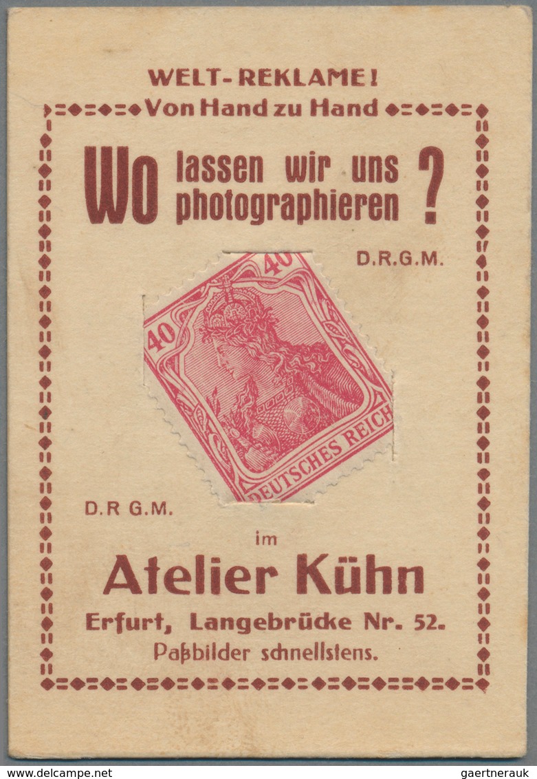 Deutschland - Briefmarkennotgeld: ERFURT, Atelier Kühn, Passbilder, 40 Pf Germania Rot, Im Werbekärt - Otros & Sin Clasificación