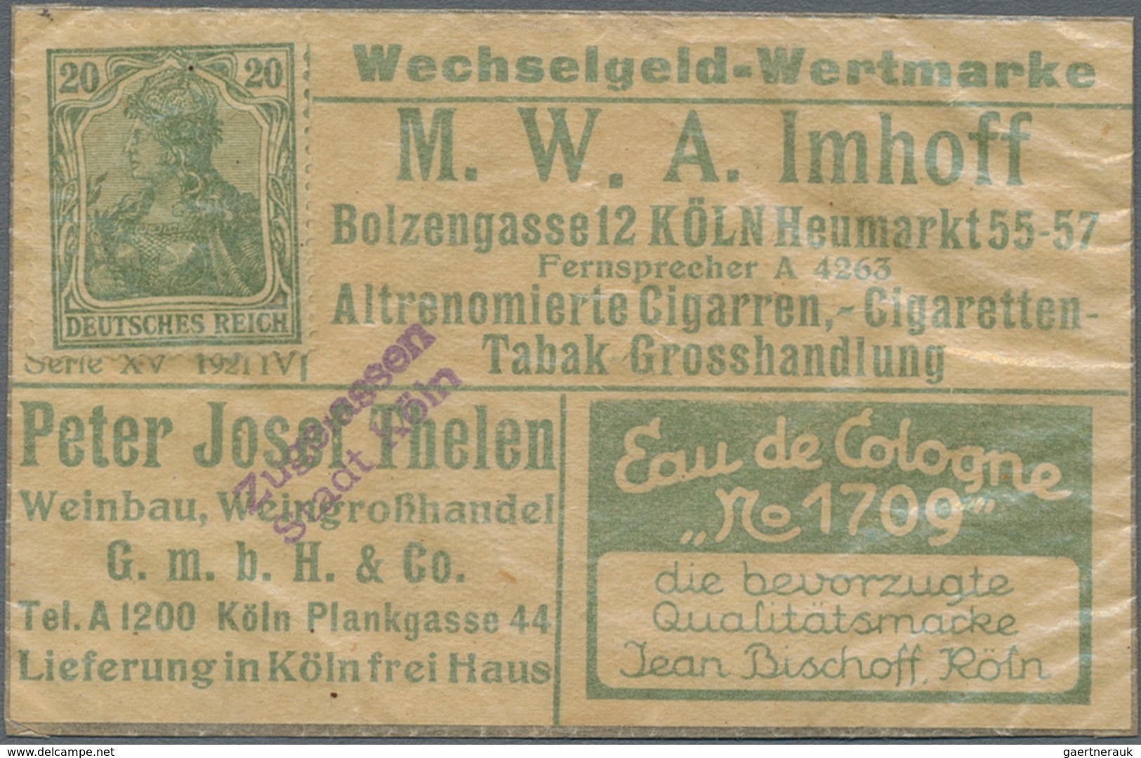 Deutschland - Briefmarkennotgeld: Köln, M. W. A. Imhoff U.a., Briefmarkennotgeld Germania 20 Pf. Grü - Sonstige & Ohne Zuordnung