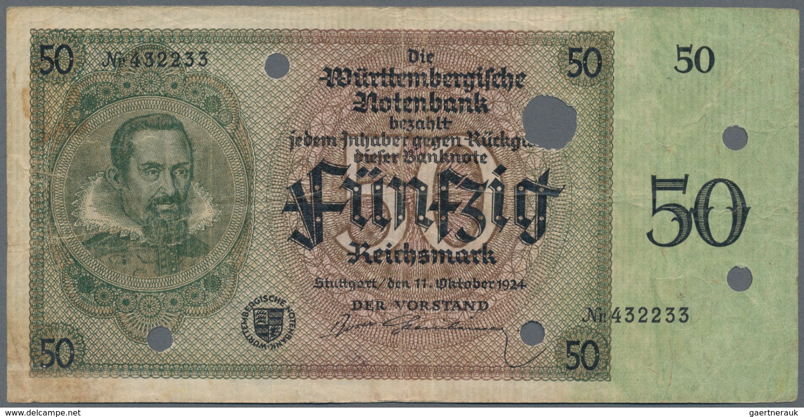 Deutschland - Länderscheine: Württembergische Notenbank 50 Reichsmark 1924, Ro.WTB27, Saubere Gebrau - Sonstige & Ohne Zuordnung