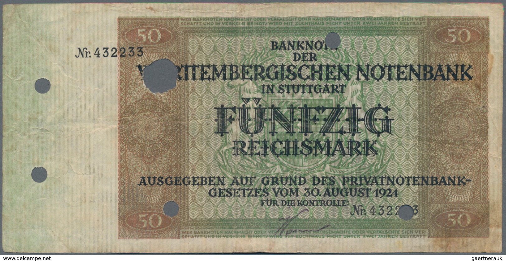 Deutschland - Länderscheine: Württembergische Notenbank 50 Reichsmark 1924, Ro.WTB27, Saubere Gebrau - Sonstige & Ohne Zuordnung