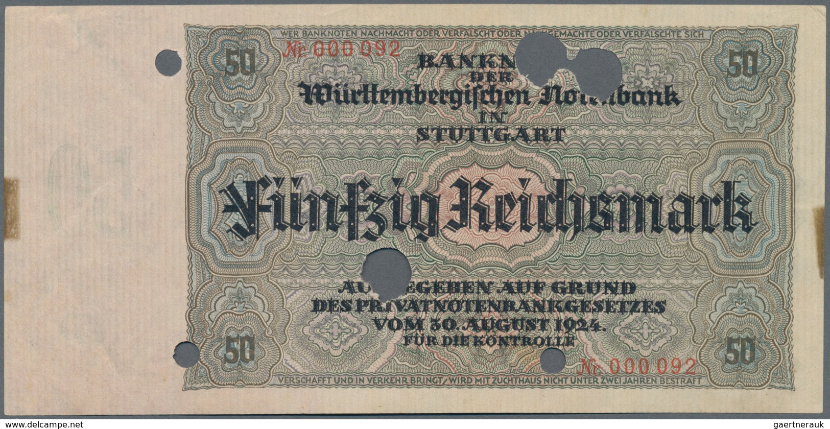 Deutschland - Länderscheine: Württembergische Notenbank 50 Reichsmark 1925, Ro.WTB29 Mit Entwertungs - Other & Unclassified