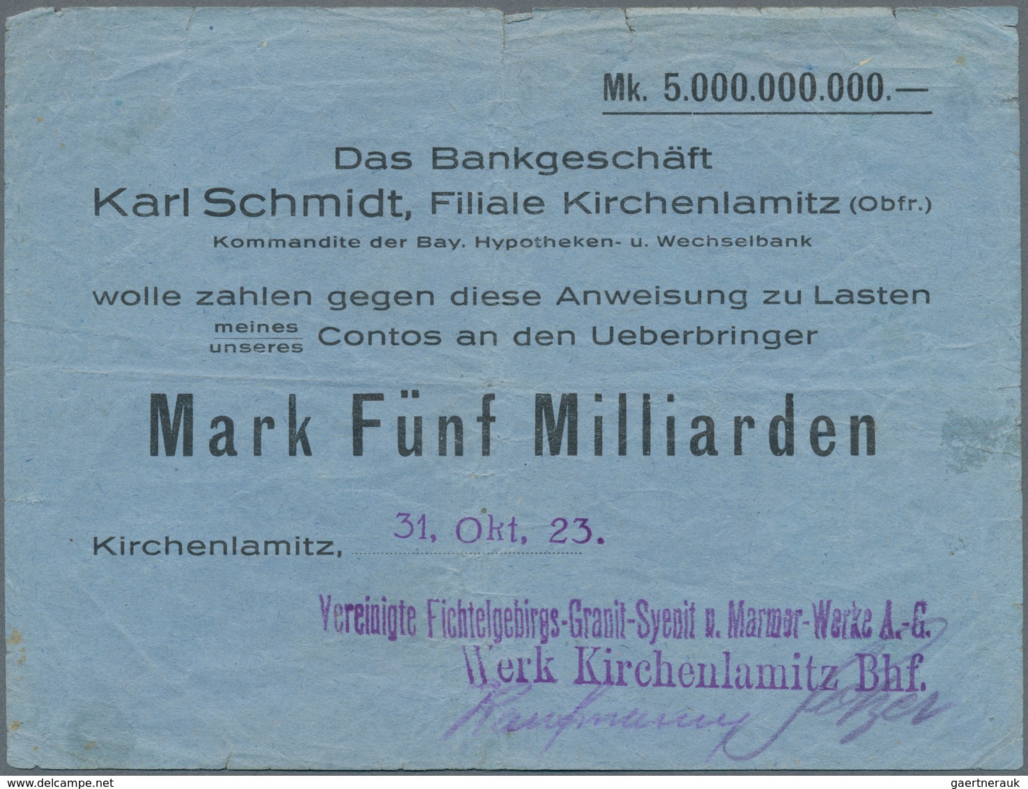 Deutschland - Notgeld - Bayern: Kirchenlamitz, Vereinigte Fichtelgebirgs-Granit-Syenit U. Marmor-Wer - [11] Local Banknote Issues