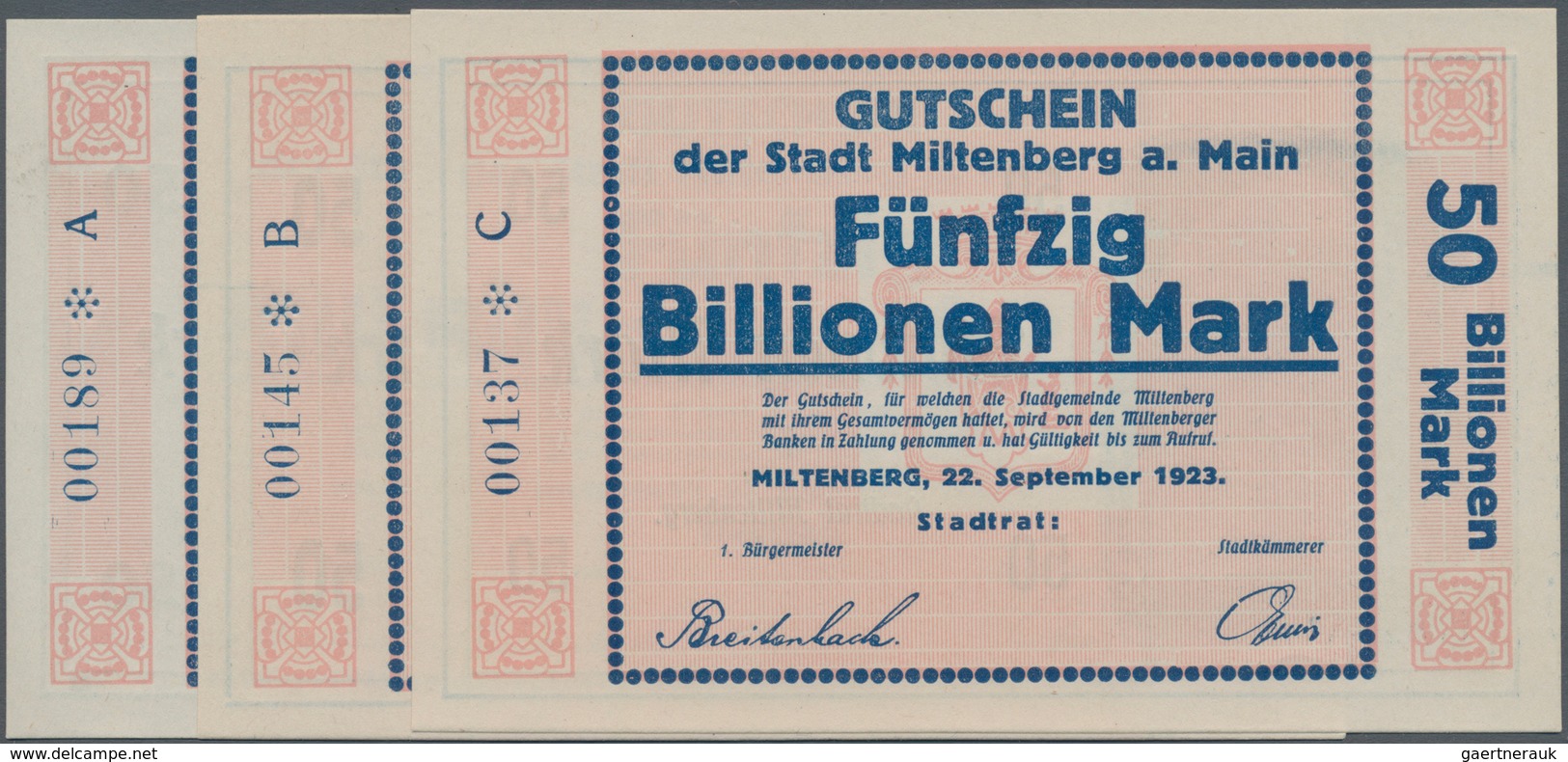 Deutschland - Notgeld - Bayern: Miltenberg, Stadt, 50 Billionen Mark, 22.9.1923, Reihen A, B, C, Kas - Lokale Ausgaben