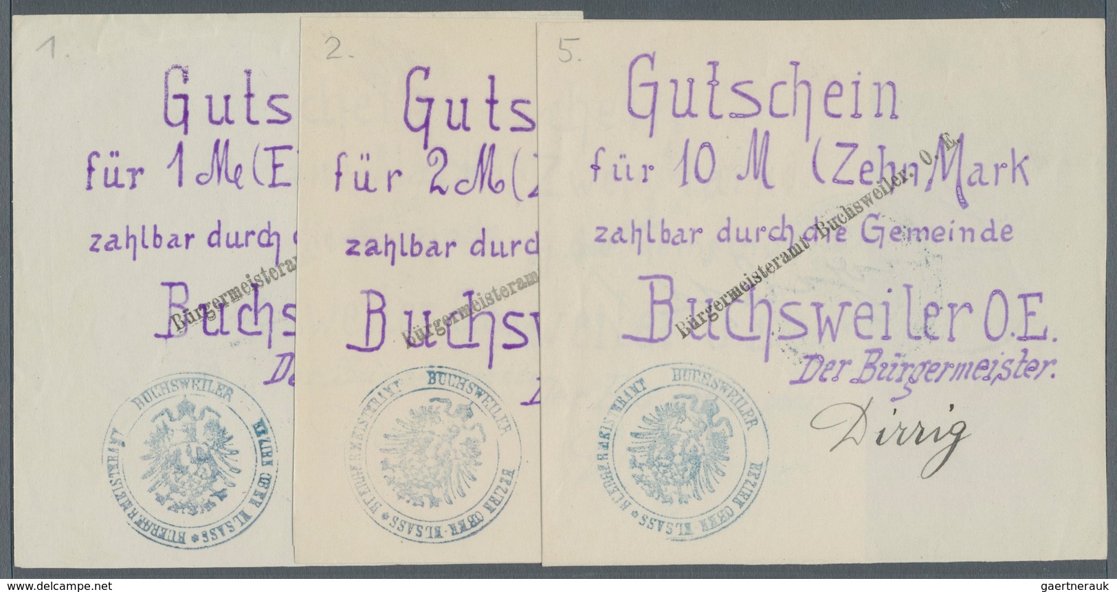 Deutschland - Notgeld - Elsass-Lothringen: Buchsweiler, Oberelsass, Bürgermeister, 1, 2, 10 Mark, O. - Other & Unclassified