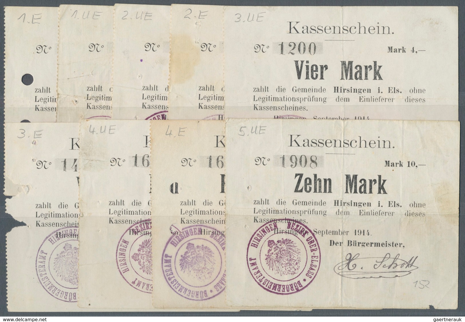 Deutschland - Notgeld - Elsass-Lothringen: Hirsingen, Oberelsass, Gemeinde, 1, 2, 4, 5, 10 Mark, Sep - Sonstige & Ohne Zuordnung