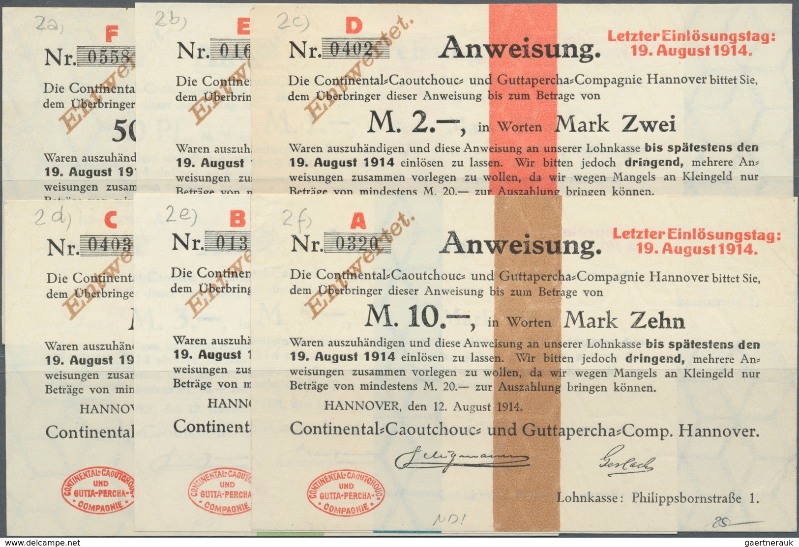 Deutschland - Notgeld - Niedersachsen: Hannover, Continental, 50 Pf., 1, 2, 3, 5, 10 Mark, 12.8.1914 - [11] Emisiones Locales