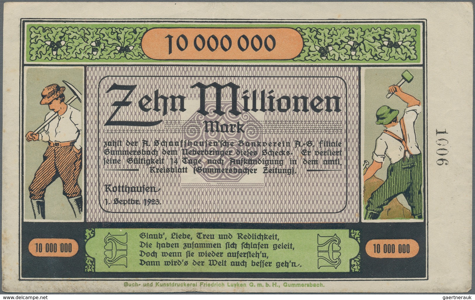 Deutschland - Notgeld - Rheinland: Kotthausen, A. Schaafhausen'scher Bankverein, 1 Mio. Mark, 1.9.19 - Lokale Ausgaben