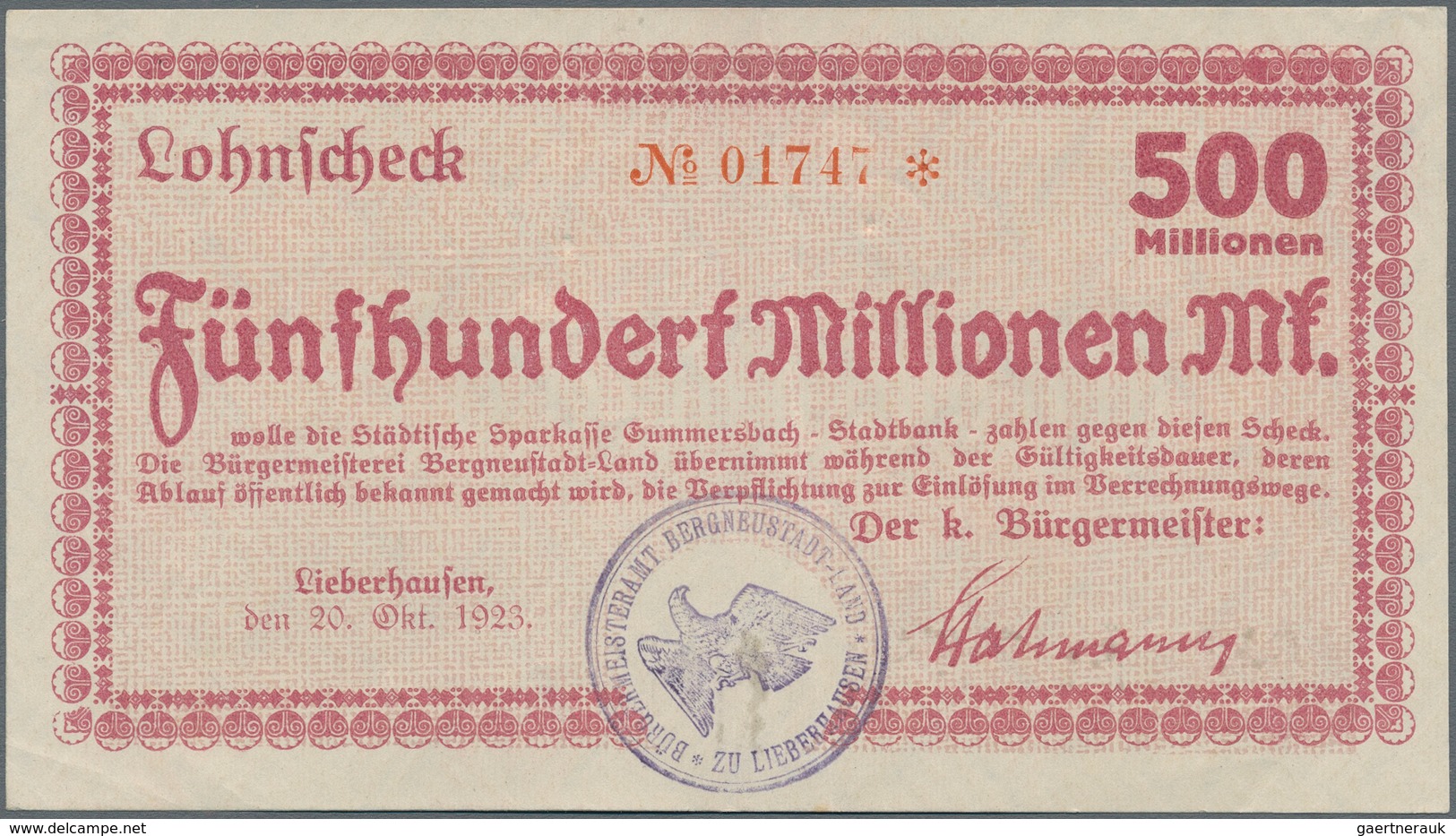 Deutschland - Notgeld - Rheinland: Lieberhausen, Bürgermeisteramt, 500 Mio. Mark, 20.10.1923, Vollst - [11] Emisiones Locales