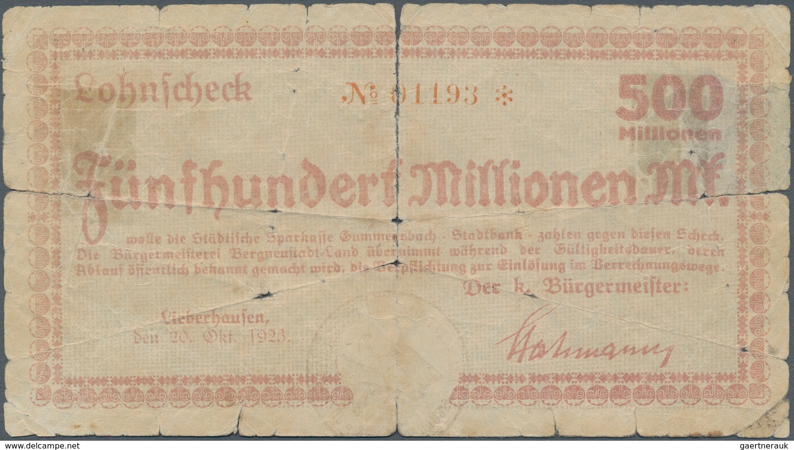 Deutschland - Notgeld - Rheinland: Lieberhausen, Bürgermeisteramt, 500 Mio. Mark, 20.10.1923, Vollst - [11] Lokale Uitgaven