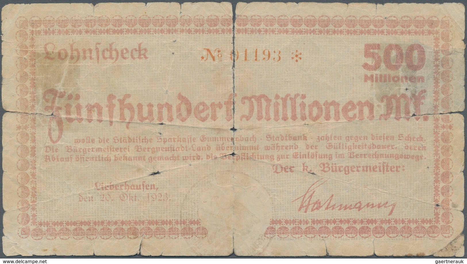 Deutschland - Notgeld - Rheinland: Lieberhausen, Bürgermeisteramt, 500 Mio. Mark, 20.10.1923, Vollst - Lokale Ausgaben