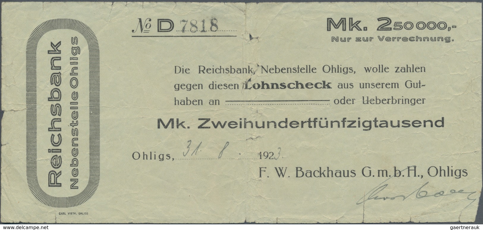 Deutschland - Notgeld - Rheinland: Ohligs, F. W. Backhaus G.m.b.H., 250 Tsd. Mark, 31.8.1923 (Datum - [11] Emisiones Locales
