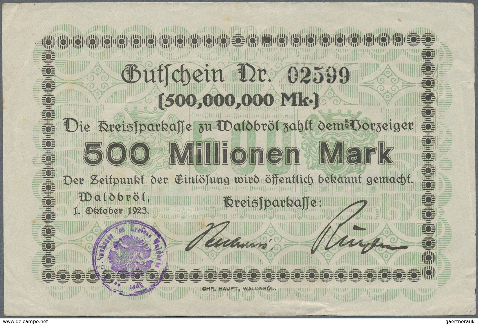 Deutschland - Notgeld - Rheinland: Waldbröl, Kreissparkasse, 500 Mio. Mark, 1.10.1923, Erh. II-III - [11] Emisiones Locales