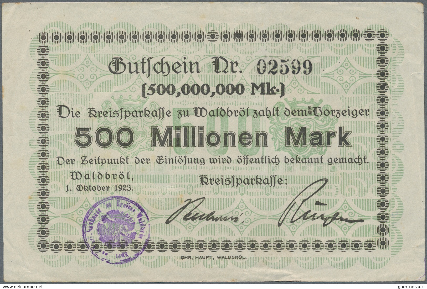 Deutschland - Notgeld - Rheinland: Waldbröl, Kreissparkasse, 500 Mio. Mark, 1.10.1923, Erh. II-III - Lokale Ausgaben