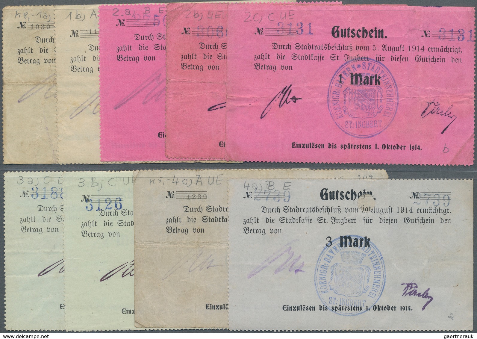 Deutschland - Notgeld - Saarland: St. Ingbert, Stadt, 1/2 (2), 1 (3), 2 (2), 3 (2) Mark, 5.8.1914, V - [ 8] Saarland