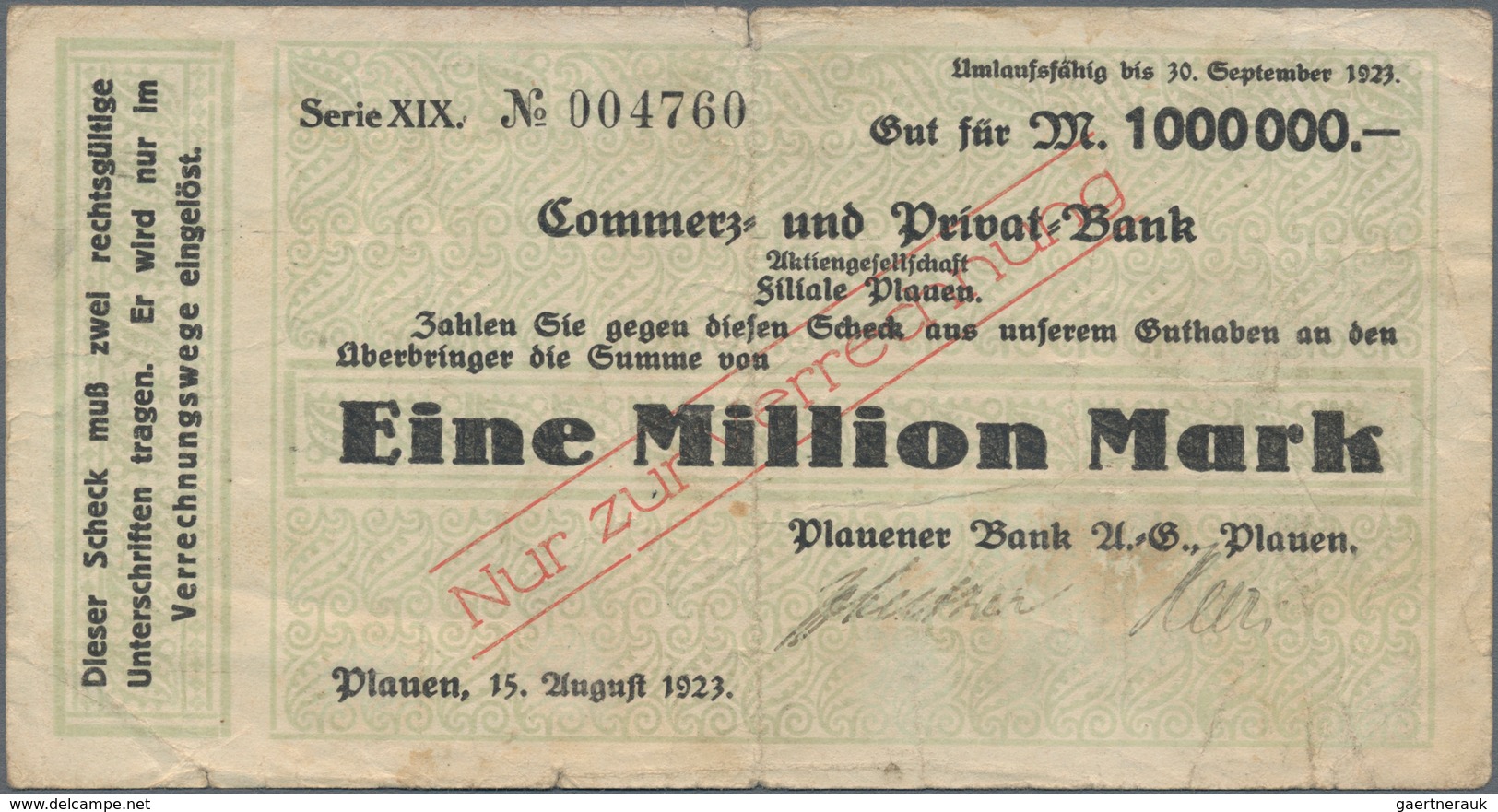 Deutschland - Notgeld - Sachsen: Plauen, Plauener Bank A.-G., 500 Tsd. Mark, 28.7.1923, Scheck Auf V - [11] Emisiones Locales