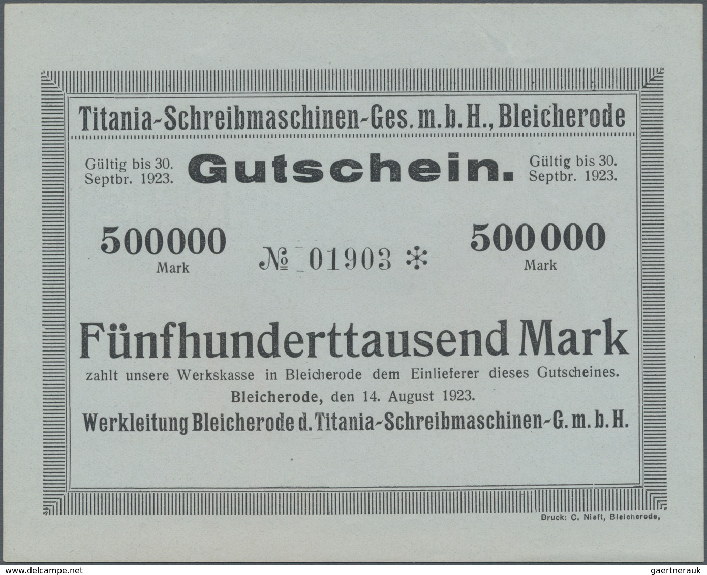 Deutschland - Notgeld - Sachsen-Anhalt: Bleicherode, Titania-Schreibmaschinen-Ges. M.b.H., 500 Tsd. - [11] Emissioni Locali